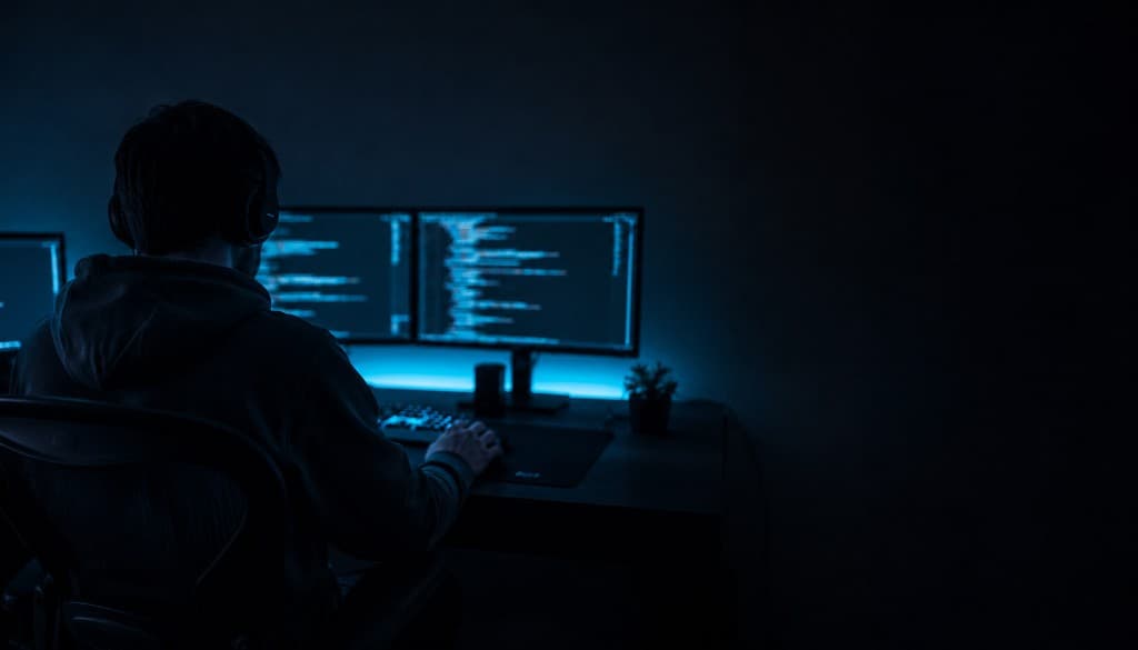 Développeur en train de coder dans une ambiance nocturne